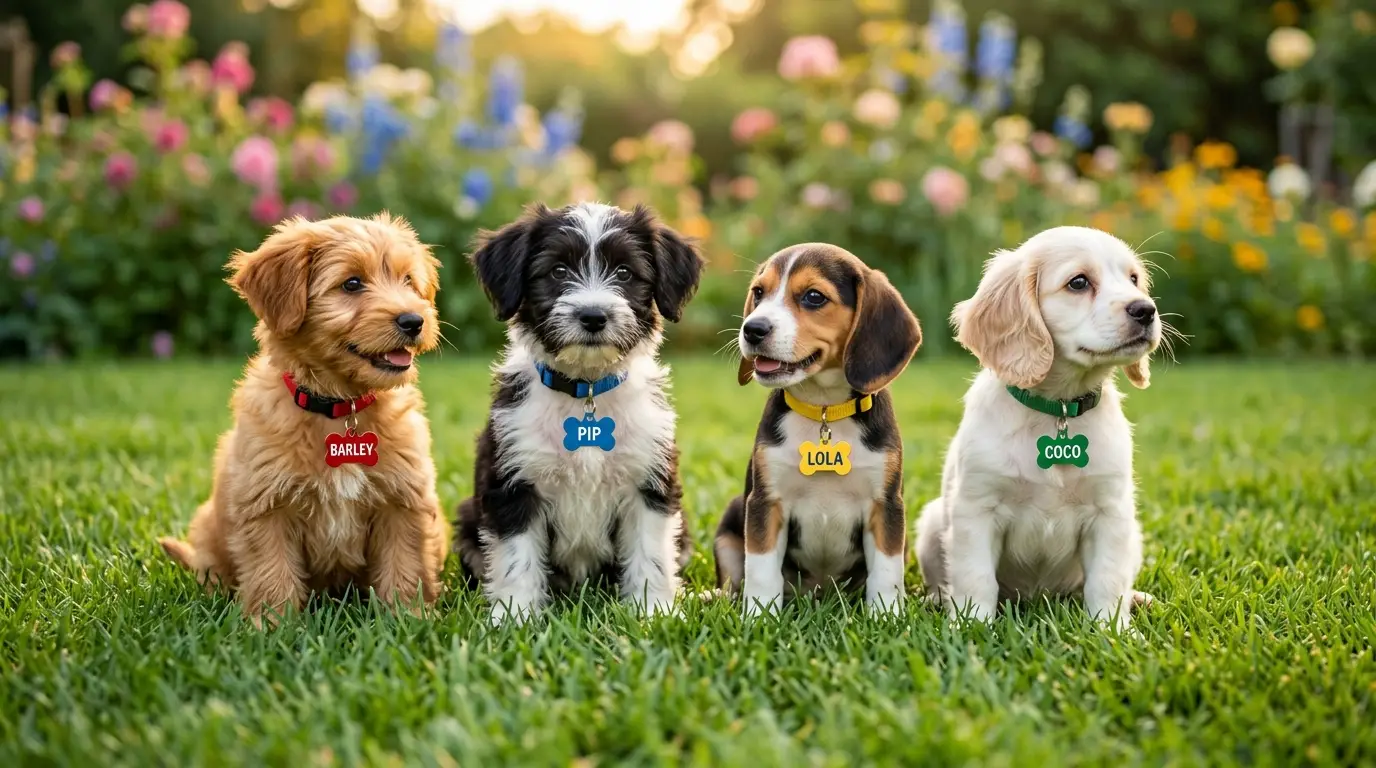 Cute puppies sitting together wearing colorful name tag collars — best dog names guide