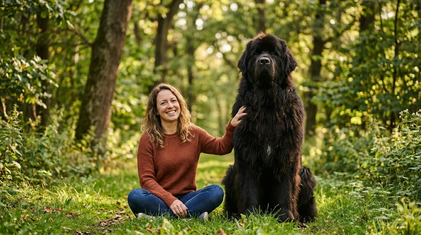 Newfoundland dog sitting next to human showing giant size comparison in a park