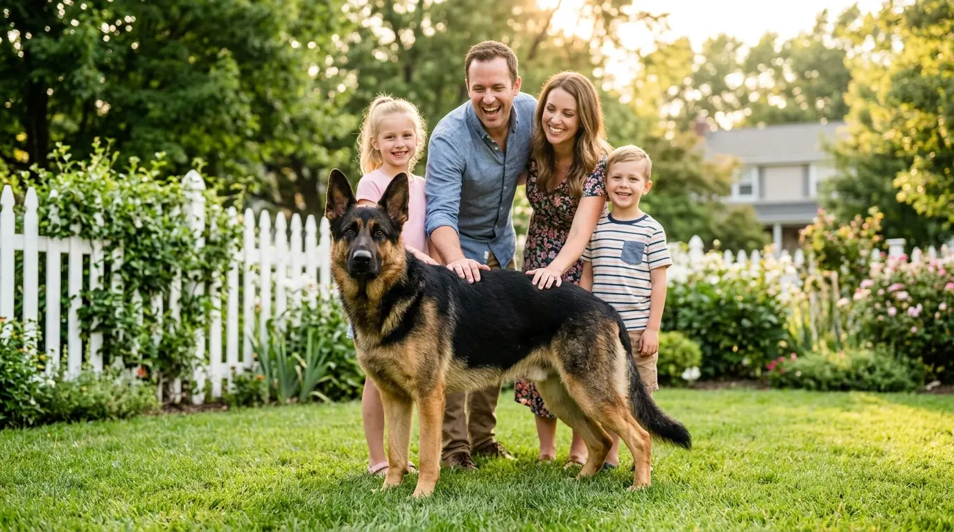 German Shepherd standing protectively in front of a happy family in backyard — best dog for protection