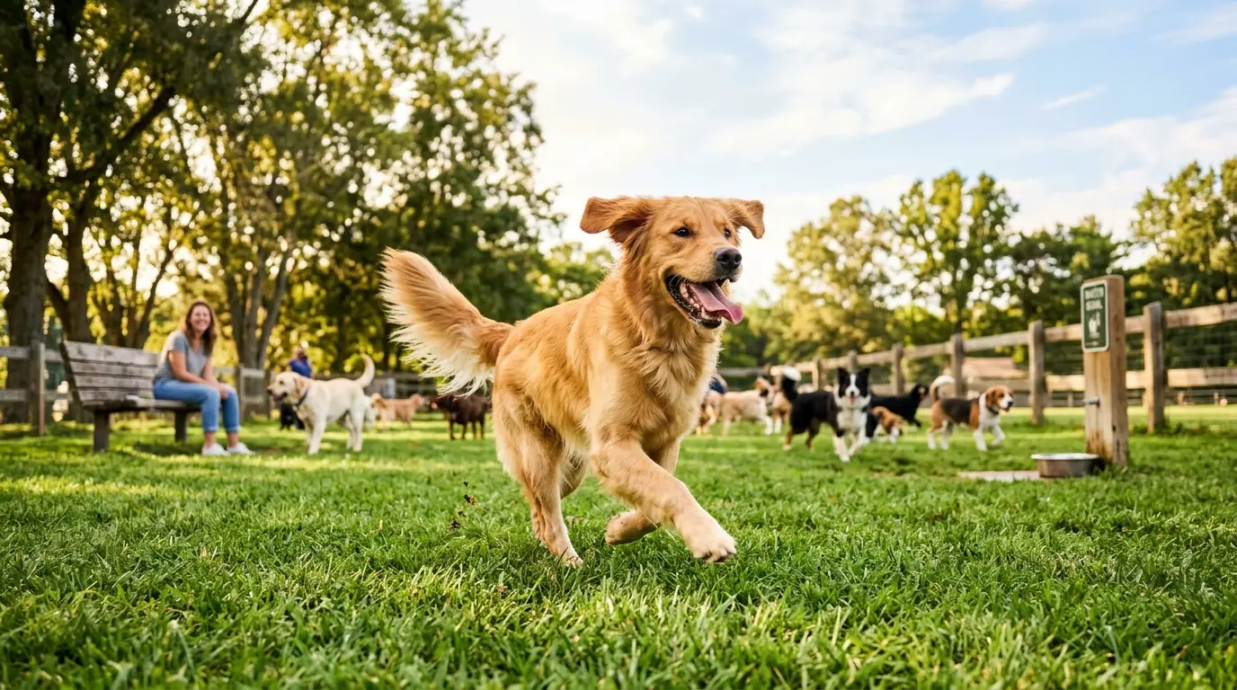 Golden retriever running off-leash at a dog park on a sunny day with other dogs playing in background